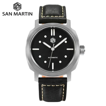 Мъжки Часовник San Martin 40 мм YN55 Реколта Прости Класически Автоматични Механични Ръчни Часовници Sapphire 10Bar BGW9 С Светящимся Кожена Каишка