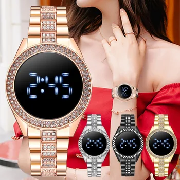 Луксозни Led Цифрови Дамски Часовник със Сензорен екран, Модерен Дамски Ръчен Часовник От Неръждаема Стомана С Кристали, Relogio Feminino Watch