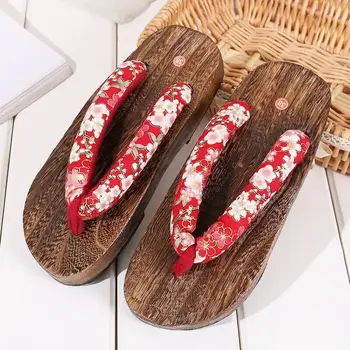 Традиционни Дамски Сабо В Японски стил, обувки за изпълнения на Гейша на равна подметка, Класически официални Нескользящие чехли с цветен Модел, Износоустойчиви дървени чехли