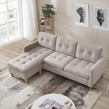 Модерен разтегателен секционни диван и шезлонг ширина 87 см, L-образен разтегателен плат с дрямка, Обръщане на секционни диван с пуфиком, бежов