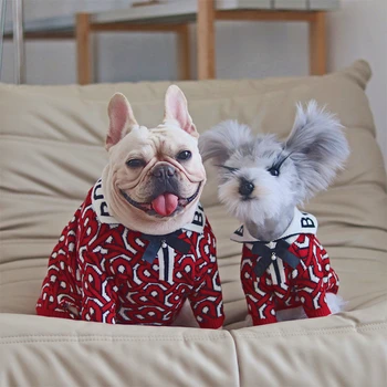Червен пуловер за кучета, Луксозен дизайнерски дрехи за кучета, Зимна топла модни дрехи за кученца френски булдог, дрехи за малко по-големи кучета, облекло за мопс