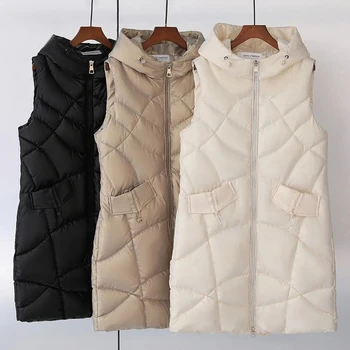 Зимна дълга жилетка за жени, памучно палто с качулка, дамско зимно яке без ръкави с цип, всекидневни женски жилетки, връхни дрехи
