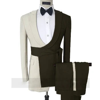 Официален Мъжки костюм с колан в стил мозайка, изработена по поръчка Сако, Сватбен Яке, 2 броя, Сако, панталони, Мъжки костюми За Мъже, Панталони-смокинг, Елегантна Булката