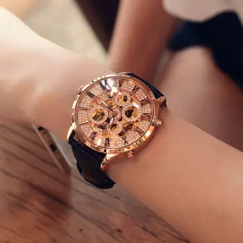 Автоматични и механични часовници, Индивидуални прозрачни часовник от естествена кожа, с голям циферблат, часовници с диаманти