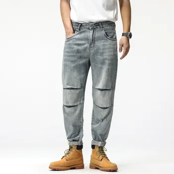 Ретро Класически дизайн, Памучни мъжки дънки, Маркови Издържат Преки Свободни Дълги Ежедневни панталони, Мъжки елегантен панталон