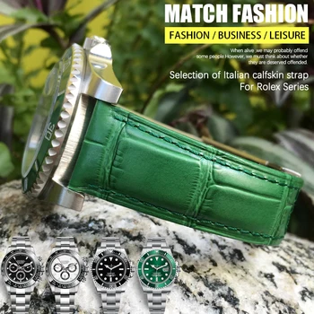Висококачествен Каишка за часовник от естествена кожа 20 мм за Rolex Yatch Master Подводничар, Daytona, черен, зелен, с шарките на алигатор, каишка за часовник