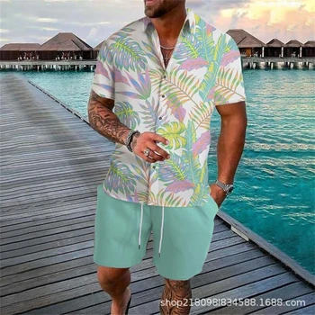 Модерен комплект от хавайски ризи и шорти, за мъже лятна ежедневни Свободна риза с къс ръкав, Плажни комплекти от две части