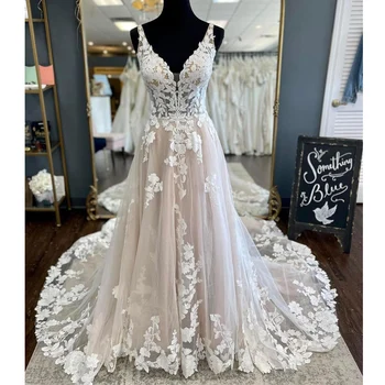 Дантелено сватбена рокля на принцеса Lakshmigown, Дълго тюлевое на булката рокля с дантелен аппликацией, сватбената рокля цвят шампанско, vestidos de новия