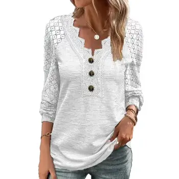 Есенно-зимни дамски тениски с абстрактен модел, елегантен обикновен пуловер с дълги ръкави, отворена лейси ред, долната риза с V-образно деколте