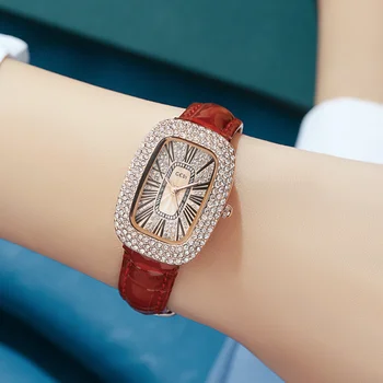 Моден кварцов часовник с кристали за жени, Луксозни 30 м Водоустойчив Тънък циферблат Кожени Ежедневни дамски кварцов часовник Datejust