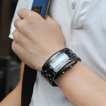 Мъжки спортни часовници Relogio Masculino, Мъжки дигитален часовник с led осветление черни двоичен часовник е от неръждаема стомана, Мъжки електронни часовници