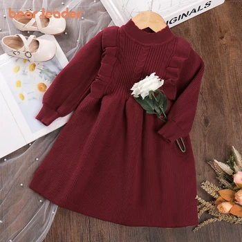 Пролетно-есенни дрехи за момичета Bear Leader, Новост 2023 г., Вязаное рокля-пуловер с висока яка и волани, рокля на принцеса за момиченца