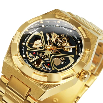 Forsining Нередовни златни автоматични часовници с виртуален скелет за мъже, модни светещите стрелки, каишка от неръждаема стомана, Луксозни механични часовници