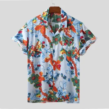 Лятна блуза, риза за мъже 2023, риза с флорална принтом и къс ръкав, Мъжки ризи Свободен Размер, Хавайски летни дрехи за мъже
