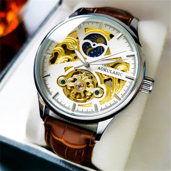 AOKULASIC Мъжки ръчен часовник Автоматично механични Военни спортни Водоустойчиви мъжки часовници Най-добрата марка на Луксозни Skeleton Hollow Watch 555