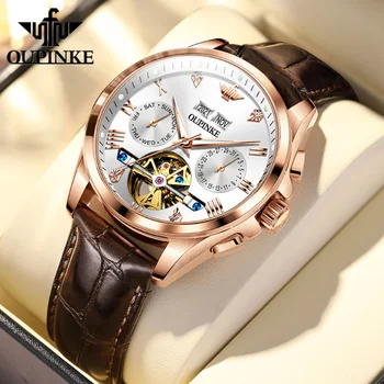 OUPINKE 3186 Мъжки часовник Луксозни, бизнес автоматични механични ръчен часовник, водоустойчив каишка от сапфировой на кожата, Година, Луната, Дата, Седмица
