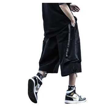 Летни Мъжки свободни панталони-карго дълги до прасците, широки ежедневни панталони с черен цвят