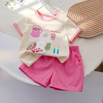 Сладки Комплекти дрехи за малките момичета, Летни Тениски с къс ръкав и анимационни принтом + Розови шорти, 2 броя, Детски всекидневен костюм, Детски дрехи от 1 до 6 години