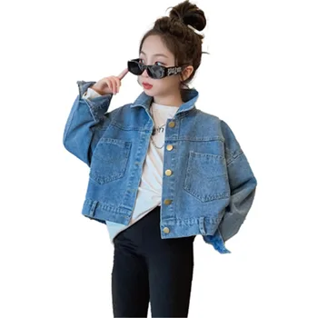 Дънкови якета за момичета, Модерни ежедневни палто с копчета, на новост на пролетта, бебешки дрехи за деца на 10-12 години, Връхни дрехи за тийнейджъри