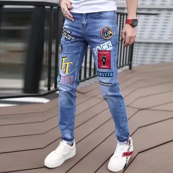 Мъжки Модерни Панталони Harajuku в Корейски Стил, Луксозни Панталони в стил хип-хоп с принтом Графити, Стрейчевые Дебнещ Улични Ежедневните Дънки за Мъже