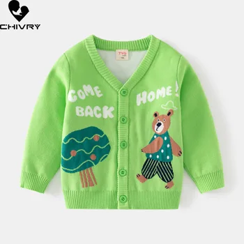 Нов жаккардовый жилетка За малки момчета, есен-зима, пуловер с букви Мечок от анимационен филм, Модни възли пуловери с V-образно деколте, потник, детски жилетки