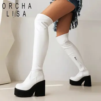 Марка ORCHA LISA/ Дамски еластични обувки с кръгло бомбе на блок ток 10,5 см, Платформа 4 см, с цип, Пикантни вечерни ботильоны до бедрата, Големи размери 42 43