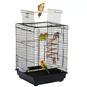 Клетка за птици с отворен покрив, Малка Клетка за папагали с играчка, черна Лесно почистване