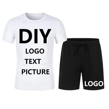 Мъжка лятна риза и къси панталони, комплект шорти с къс ръкав на поръчка, памучен однотонная тениска, Черни свободни спортни шорти с лого и текст