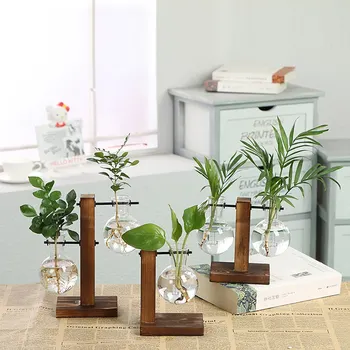 Поставка за прозрачна лампа, ваза с дървени настолен стъкло, саксии за растения хидропонно, интериор на кафе