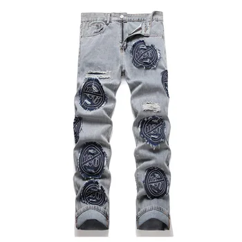 Дънкови панталони в стил хип-хоп в стил пънк, мъжки панталони Harakuju, Градинска дрехи, дънкови панталони в стил мозайка, Сини Директни