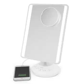 Огледало iHome със звук Bluetooth, led осветление, допълнителна 10-кратно увеличение, поддръжка на Siri и Google, USB зареждане, 7 