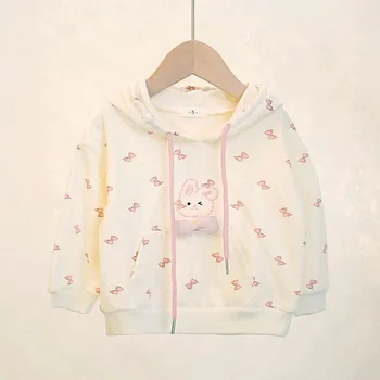 2023 Корея детски дрехи Есен За момичета с лък и шарките Мультяшного Заек, пуловер с качулка, hoody