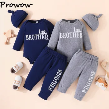 Prowow 0-18 м, Есенно-зимни дрехи за малки момчета с шапка, гащеризон, за по-малък брат на + обикновена панталони с надпис, 3 бр. комплекти дрехи за новородени момчета