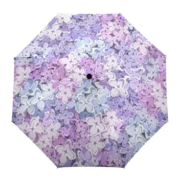 Автоматичен чадър с лилави и сини сиреневыми цветя, портативен сгъваем чадър от слънце и дъжд, женски чадър чадър