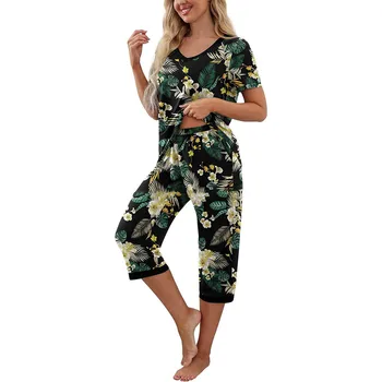 Жена пижамный комплект райе, с флорални принтом, Блузи с къси ръкави и панталони, Джоггеры, Пижамный костюм за бягане