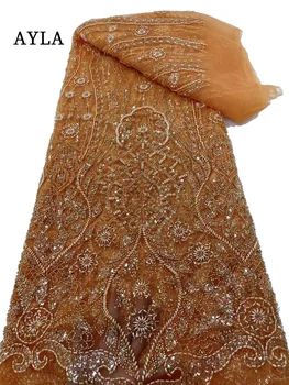 Най-новата висококачествена сватбена лейси плат с бродерия с пайети, луксозно африка тюл, мъниста, перлена кърпа за вечерните рокли