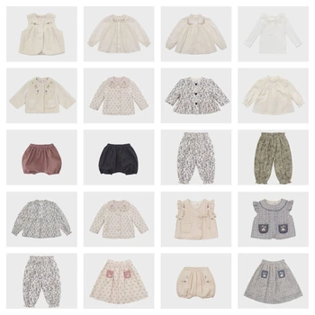 Предварителна продажба (доставка през септември) 2023 г. Есен облекло за момичета Риза с флорална принтом, блуза за момичета, Панталони, комплекти с шароварами, панталони, Палта за момичета, топ