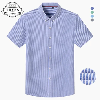 Мъжка риза от 100% памук, високо качество на Луксозни Дишащи Гладка риза на райета, Модерен Бизнес, социална, обикновена мъжки дрехи с къс ръкав