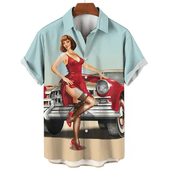 Реколта мъжка риза с 3D принтом в ретро стил за момичета, ризи с къс ръкав Оверсайз, мъжки дрехи, блузи, градинска дрехи, Лято