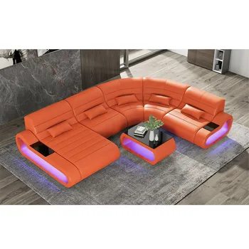 Обзаведен е с цветна мебели с led подсветка, секционни диван за хол, кафяв кожен диван италиански