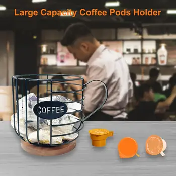 Тежкотоварни Органайзер за кафе на капсули Стилна Метална поставка за чаши за съхранение на кафе на капсули с дървена основа за организирани плотове