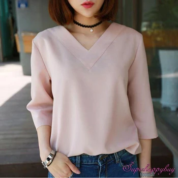 Дамски корейската мода шифоновая блуза с V-образно деколте, риза