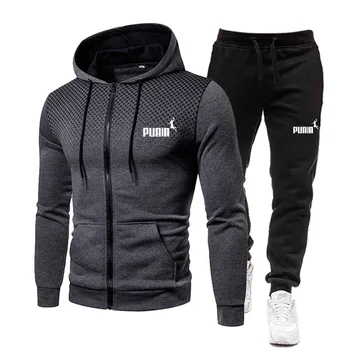 Есенно-зимния Мъжки спортен комплект, Ежедневни топло модна марка hoody с цип, сака + панталони за джогинг, комплект от две части
