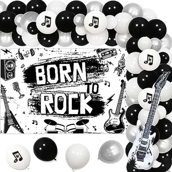 Украса за рожден Ден в стил рок-н-рол за момчета, набор от китарни топки, Роден за рок музиката, като Фон, Бели, черни, Crenics, Парти рок звезди