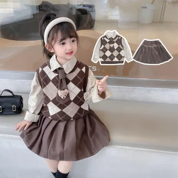 Корейски стил, Нови пролетно-есенни комплекти дрехи за малките момичета, однотонная тениска с дълги ръкави и ревери, вязаный пуловер + жилетка, ежедневни панталони