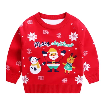 Коледен пуловер, Есенно-зимни детски дрехи, Трикотаж за малки момичета и момчета, Вязаный пуловер с принтом Дядо Коледа, Детски празници пуловери