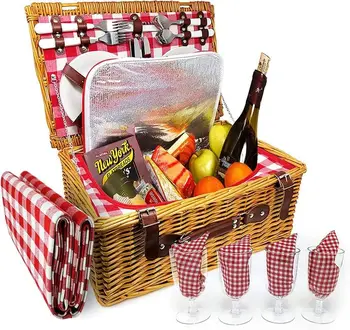 Кошница за пикник Person XL - Изолирано Ракита кошница - Чинии, Чаши за вино, Набор от прибори за хранене и салфетки могат да се мият в съдомиялна машина (за 4 човека + B