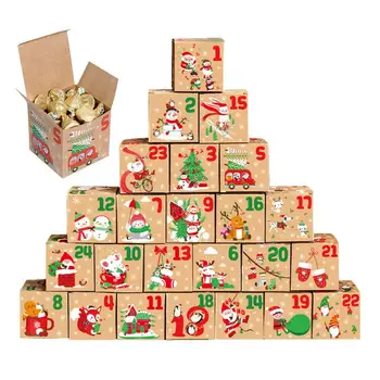 Подарък кутия с Календар 1-24 Коледни Събития, Подарък кутия 24шт, Коледни Коледни бонбони, бисквити, Опаковъчна кутия от крафт-хартия, Коледна подарък кутия