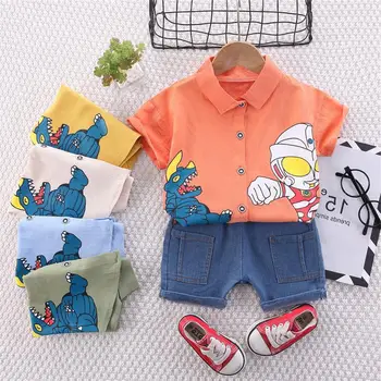 Детски дрехи, дрехи годишният нов комплект за малки момчета, ежедневни риза с къс ръкав, комплект от две части, модни детски бутикови облекла