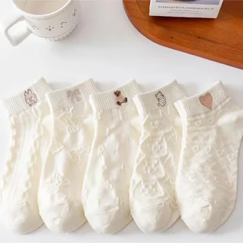 5 чифта прекрасни летни къси чорапи за жените, прости ежедневни памучни чорапи, дамски чорапи с цветен модел, нисък силует, завързана дишащ мрежест чорап 